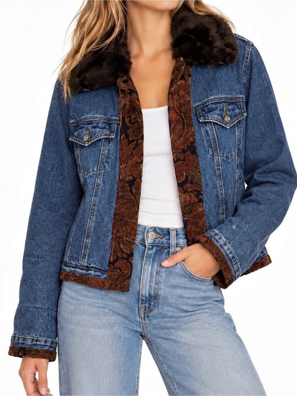 Tasha Polizzi Saddleblanket Paisley Print&Faux Fur Collar Denim Jacket - Size L